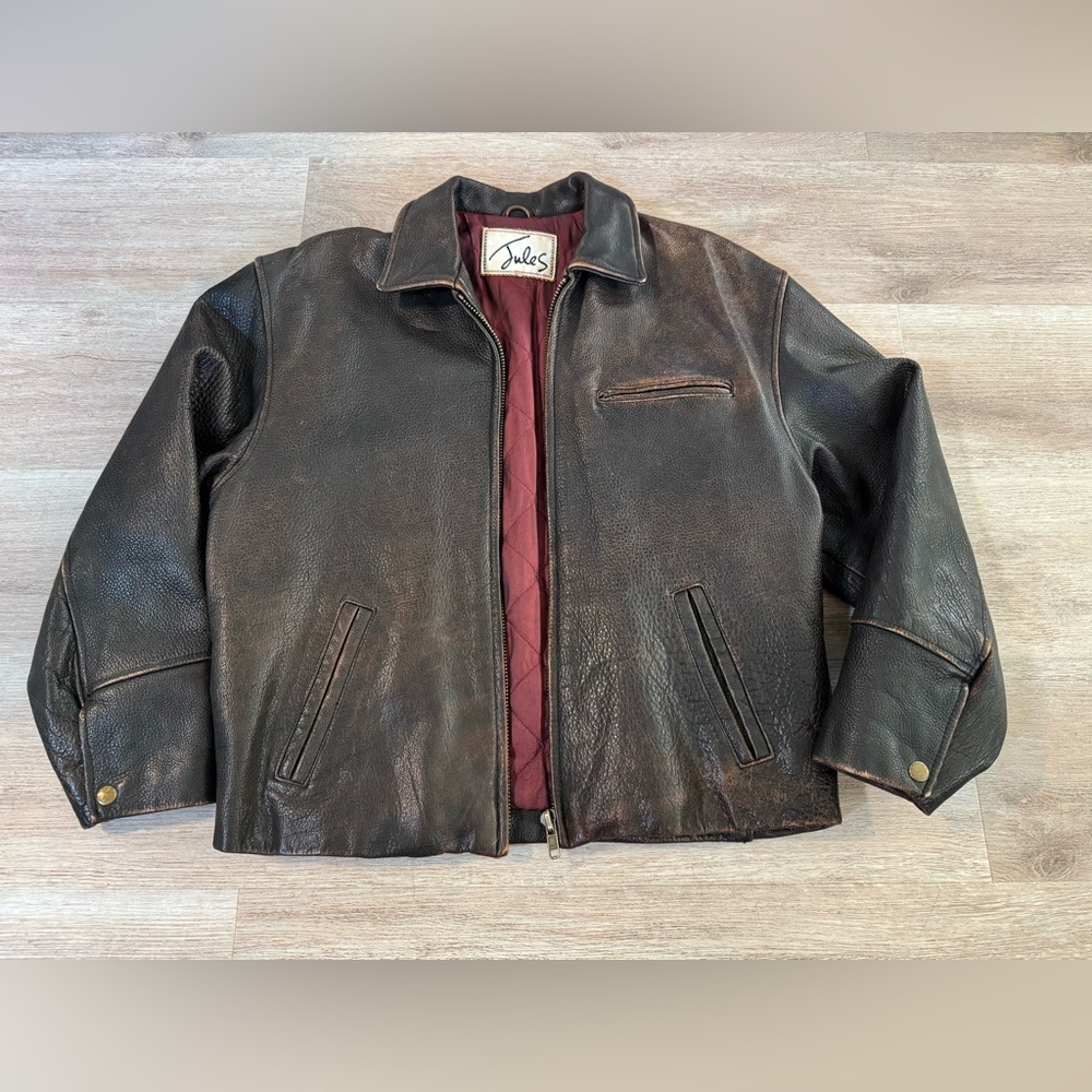 Vintage Distressed Faded Brown Leather Jacket Jules Men’s Small Oversized